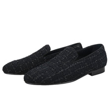 Men's Small Fragrance Black Silver Silk Knit Slip-On Loafers Moccasins