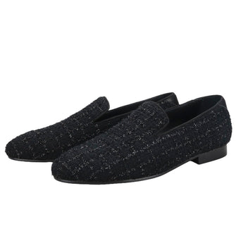 Men's Small Fragrance Black Silver Silk Knit Slip-On Loafers Moccasins