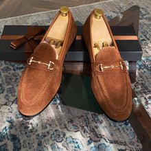 Blue and Brown Horsebit Suede Penny Loafers