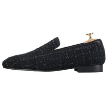 Men's Small Fragrance Black Silver Silk Knit Slip-On Loafers Moccasins