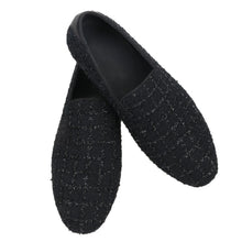 Men's Small Fragrance Black Silver Silk Knit Slip-On Loafers Moccasins