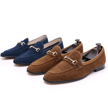 Blue and Brown Horsebit Suede Penny Loafers