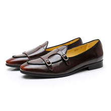 Leather Shiny Italian Brogue Double Buckle Monk Shoes Loafer